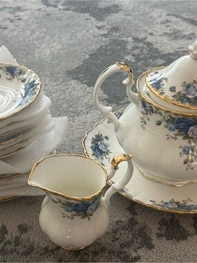 Royal Albert White Porcelain Tea Set with Blue Floral and Gold Trim